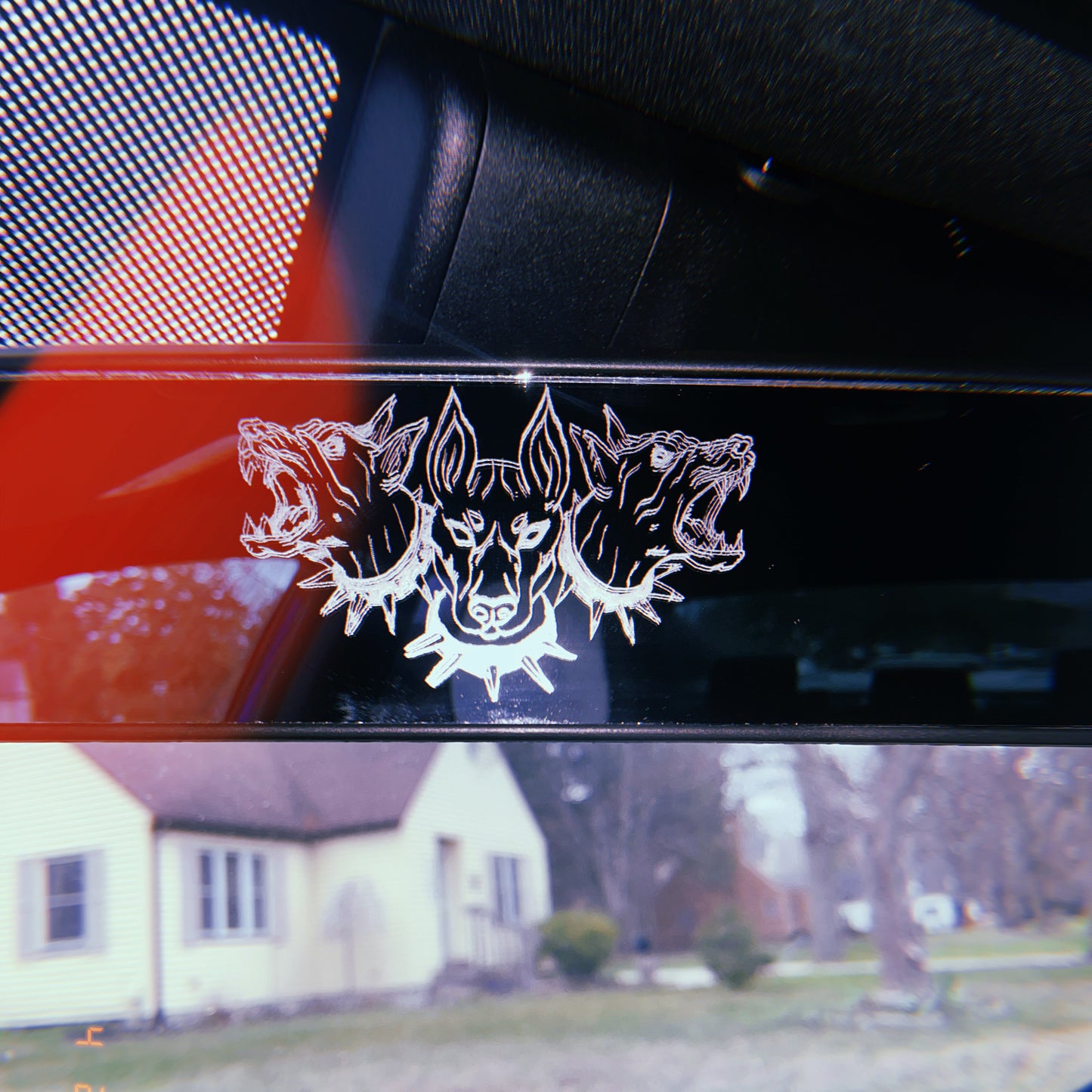 Three-Headed Dog Engraved Clip on Mirror